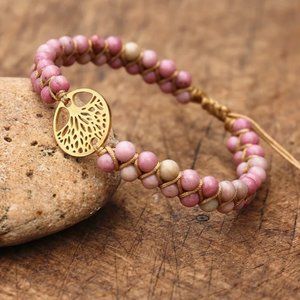 Natural African Stone Bead Bracelet & Bangle with Tree of Life Braided Charm